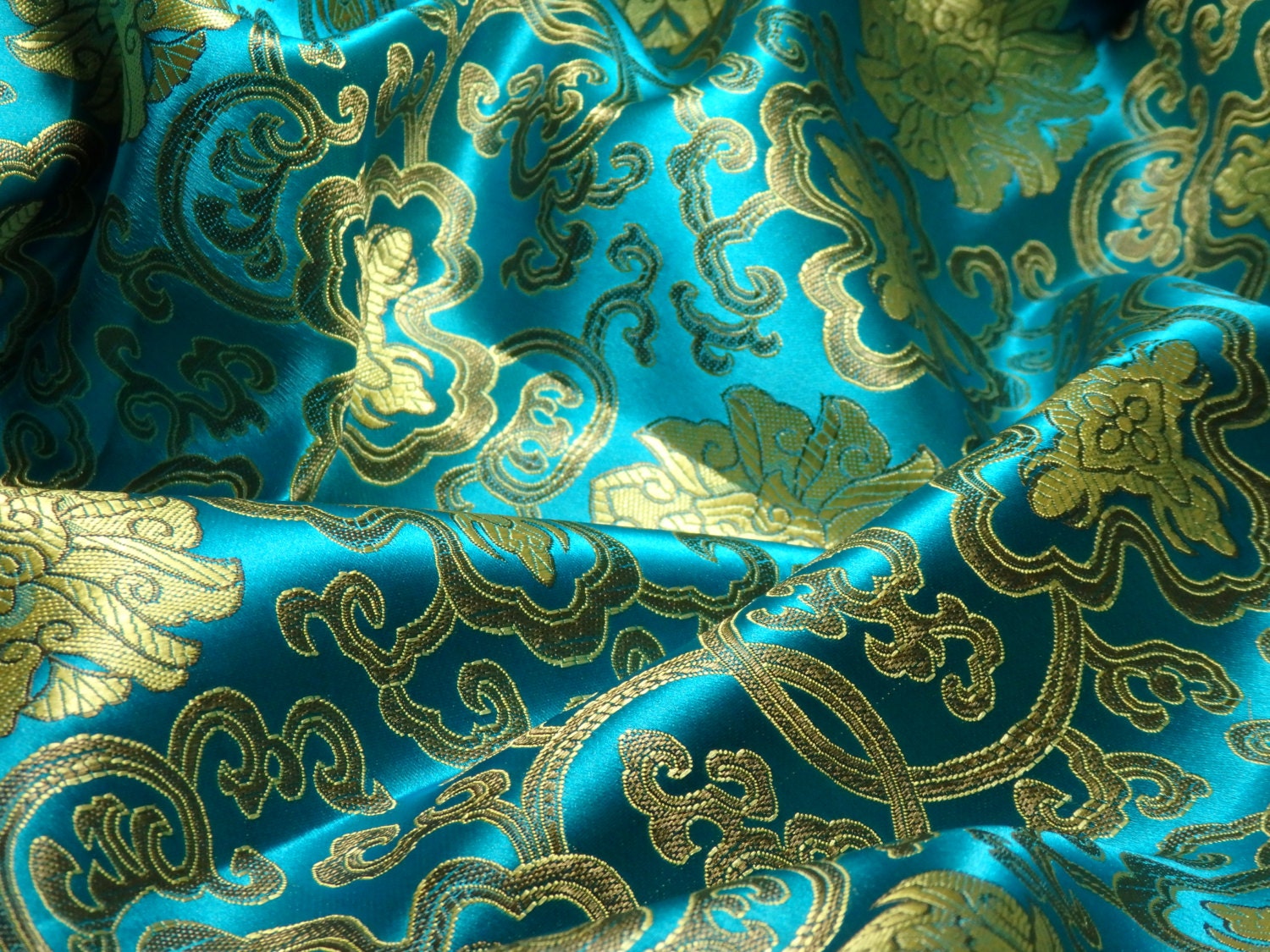 Chinese satin brocade in turquoise and gold 1 yard of