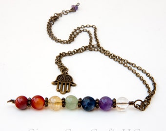 Chakra necklace, chakra pendant, crystal necklaces, hamsa necklace, chakra jewelry, chakra stones, rainbow necklaces, seven chakras