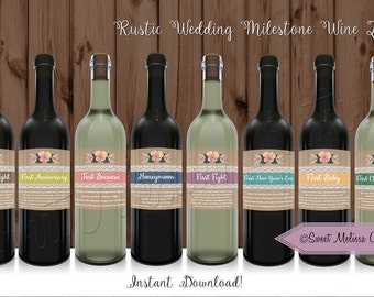 INSTANT DOWNLOAD 8 Rustic Wedding Milestone Wine Labels for Bridal Shower / DIY - Printable Wine Labels / by Sweet Melissa Creations