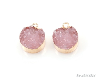 Round Rose Quartz Druzy Charm in Gold - 2pcs of Rose Quartz Drusy / 12mm / SRQG113-P