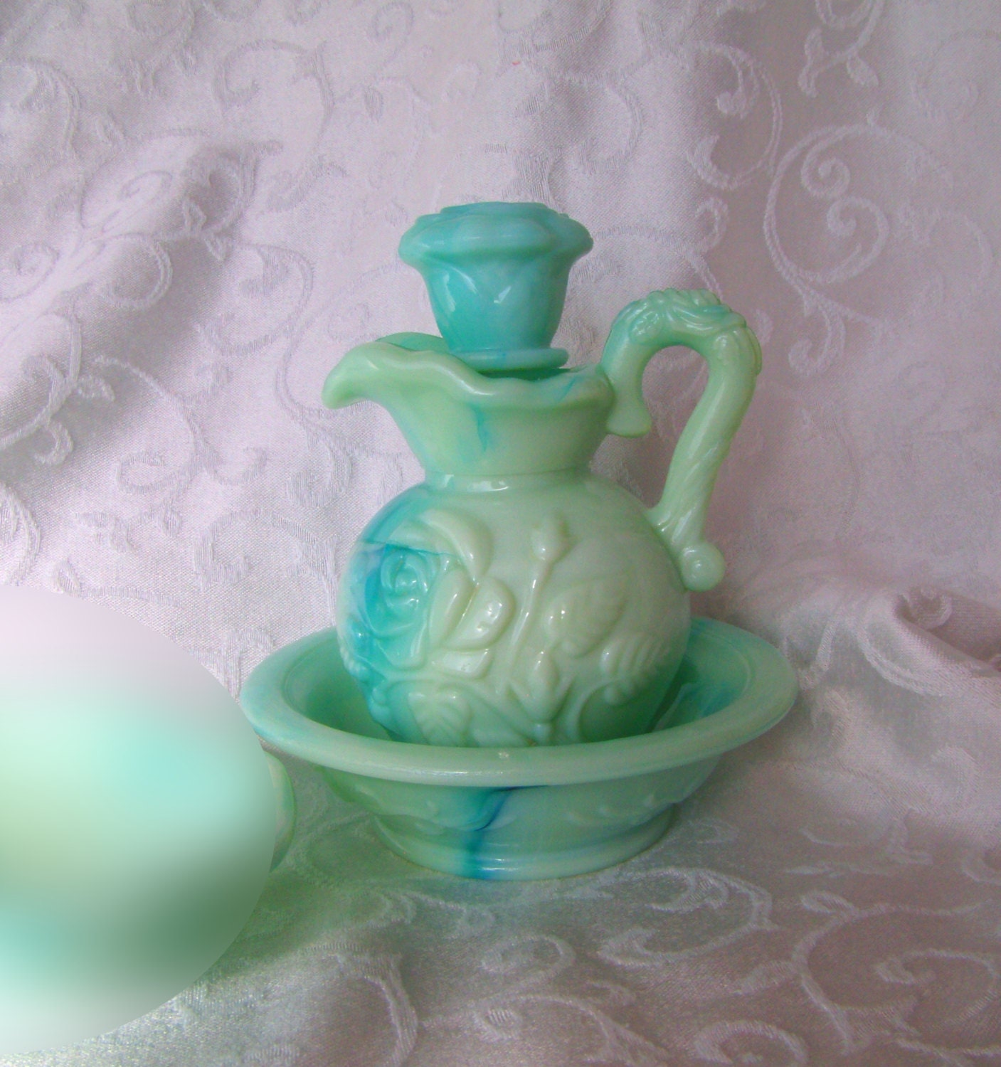 AVON Victorian Green Marble Pitcher & Bowl Bath Oil Decanter
