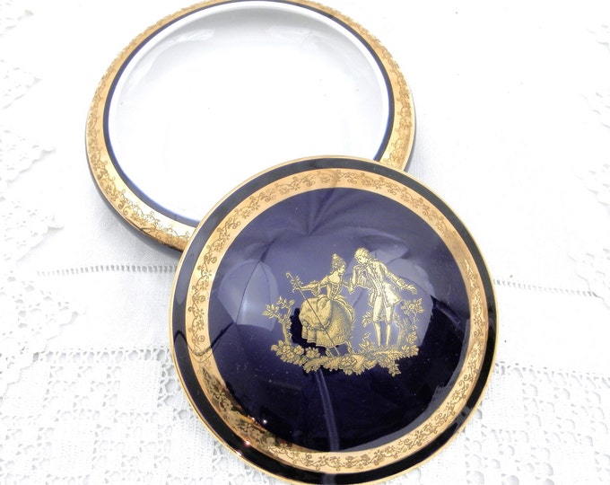 Vintage French Bone China from Limoges Blue and Gold Glaze Powder Pot / French Decor / Chateau Chic / Dressing Table Make Up / Retro Home