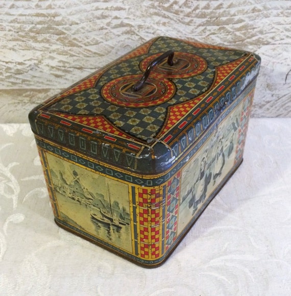 Unique 1920s Art Deco Tin Box Dutch Children Ornate Details