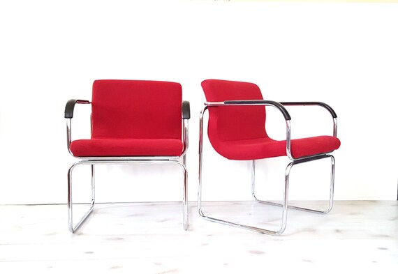 Pair Mid Century Arm Chairs Red Upholstered / Chrome Tube