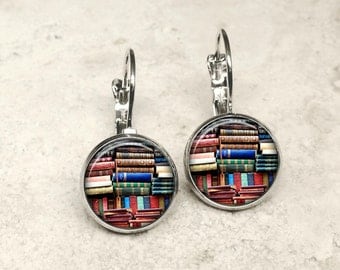 Glass dome book earrings, book earrings, bookshelf earrings, book leverbacks, book leverback earrings HG152LB