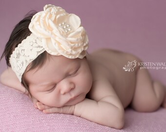 FREE SHIPPING! Ivory Baby Headbands, Ivory Headbands, Ivory Flower Headbands, Ivory Headbands, Christening Headband, Large Ivory Headband