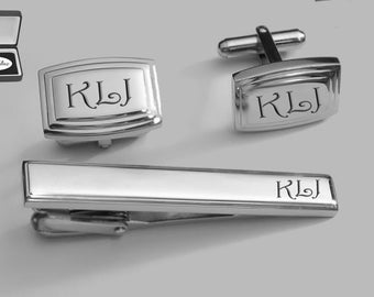 Personalized Silver Stainless Steel Beveled Cufflink & Tie Clip Set Custom Engraved - Engraved Cufflinks - Buy 6, Get 7th Free