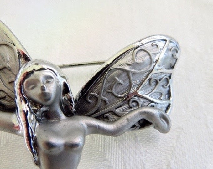 Art Nouveau Fairy Brooch, Silvertone Nude Fairy Pin, Garden Nymph, Vintage Jewelry