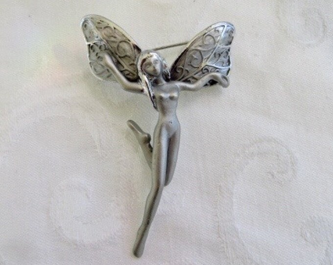 Art Nouveau Fairy Brooch, Silvertone Nude Fairy Pin, Garden Nymph, Vintage Jewelry