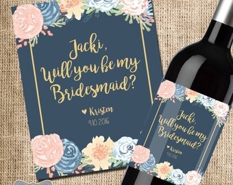 Will You Be My Bridesmaid Wine Label, Custom Wine Label, Wine For Bridesmaids, Asking Bridesmaids, Bridesmaid Proposal, Navy Gold Wedding