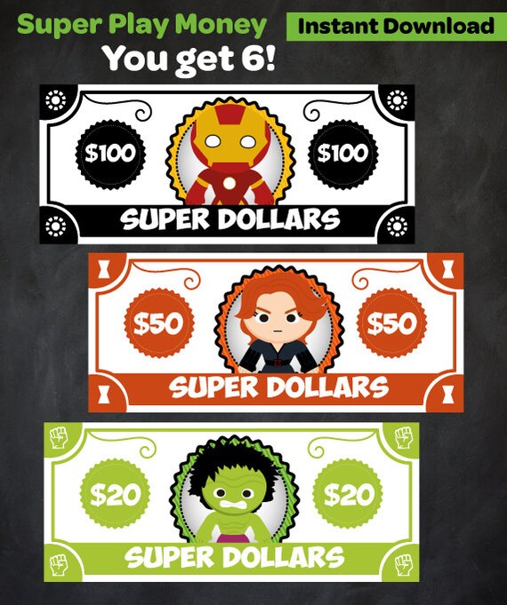 Play money Superheroes You print by PrinterFairy on Etsy