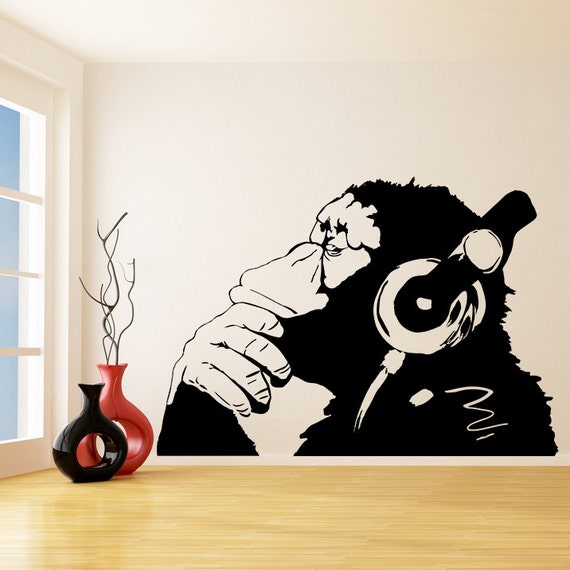 Banksy Vinyl Wall Decal Monkey With Headphones / One Color