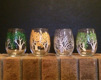 4 season hand painted wine glasses/ Aspen Trees stemless