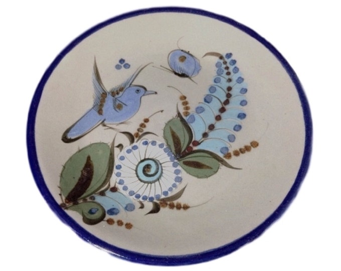Tonala Ken Edwards Wall Plate Mexican Folk Art Blue Bird and Flower Pottery Plate From Mexico