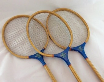 Vintage Wood Badminton Racquets, Blue Badminton Racquets, Game Room Decor