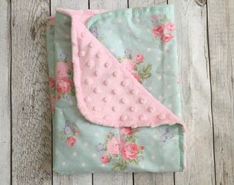 FLORAL LOVEY Girl's Baby Blanket Lovey Shabby Chic Carseat Blanket Pink Blue Minky Baby Shower Gift BizyBelle