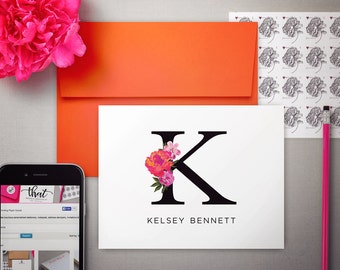 Personalized Stationary Set | Monogrammed Note Cards | Personalized Thank You Notes | FLORAL INITIAL | Folded Notecards