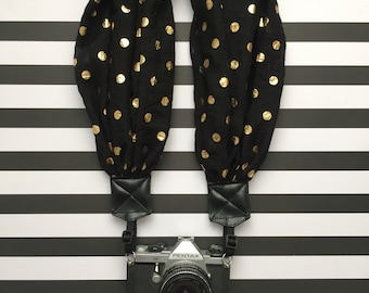 Gold polka dot scarf camera strap
