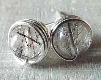 Rutilated Quartz Earrings, Gothic Earrings, Quartz Stud Earrings, Wire Wrap Jewelry, Cobweb Earrings, Gothic Jewelry, Black Studs, Gift