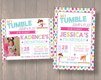 Girls Gymnastic Birthday Invitations - Girl Tumble Birthday Party Invitations - Birthday Invitation