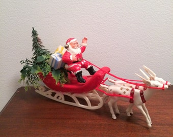 Vintage Christmas Santa in Sleigh with Reindeer Tree Presents Plastic Mold Blow Mold Decoration