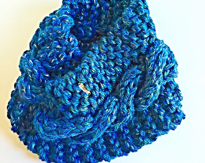 SALE! Peacock Blue Chunky Cable Knit Cowl Scarf, Oversize Winter Cowl in Blue, Purple, Green and Gold