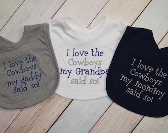 Dallas Cowboys Football Fan Embroidered Bib - I love the Cowboys - Dallas Cowboys Baby Girl - Cowboys Baby Boy - Dallas Cowboys Baby Bib