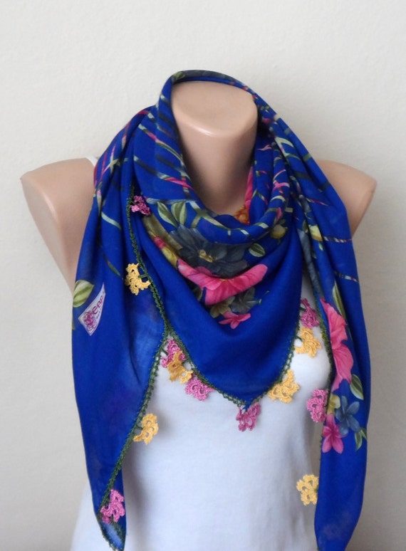 royal blue scarf floral print scarf cotton turkish scarf oya