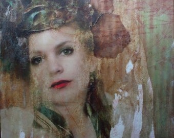 RESERVED for Leah Photo Damsel's Emerald Journey, Original ART transfer w encaustic,redhead portrait, femme fatale, Mancave, Nautical map