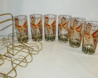 CULVER GLASSES BUTTERFLY Set of 6 in Rack Highball Glasses 22K Gold