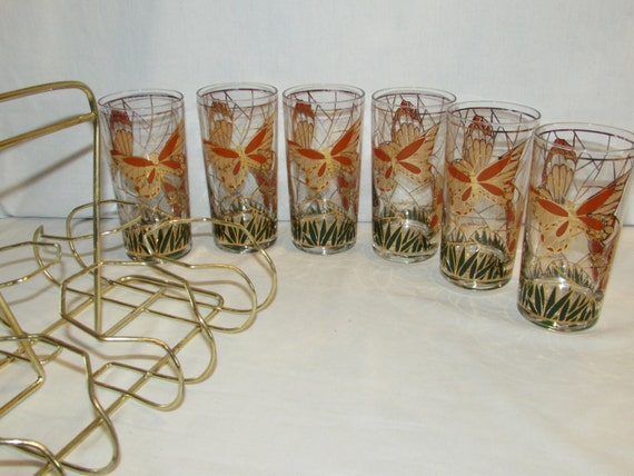 CULVER GLASSES BUTTERFLY Set of 6 in Rack Highball Glasses 22K