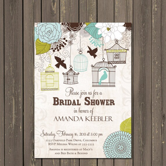 Bird Cage Bridal Shower Invitation, Bird Bridal Shower Invitation in green and blue, Love Birds, Vintage Look Invite, Printable or Printed Il_570xn