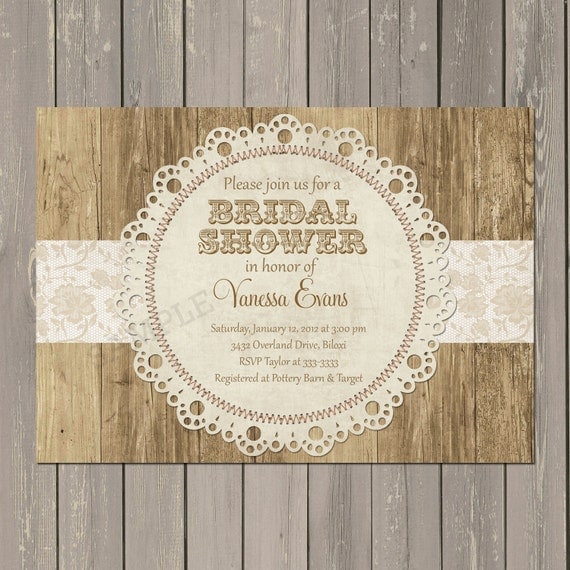 Lace Bridal Shower Invitation, Doily Bridal Shower Invitation, Rustic Shower, Wood and Lace, Wedding, Printable or Printed Il_570xn