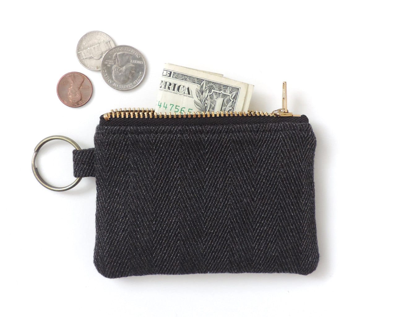 Keychain Coin Purse Zipper Wallet Pouch Black Herringbone