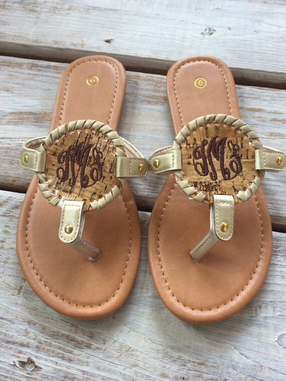 Cork Disk Monogrammed Sandal flip flop by ElsBriarPatch on Etsy