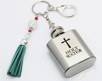 Holy Water Bottle, Religious Bottle, Baptism Gift, Tassel Key Ring, Purse Charm, Car Accessories, First Communion, Flask for Women, Tassels
