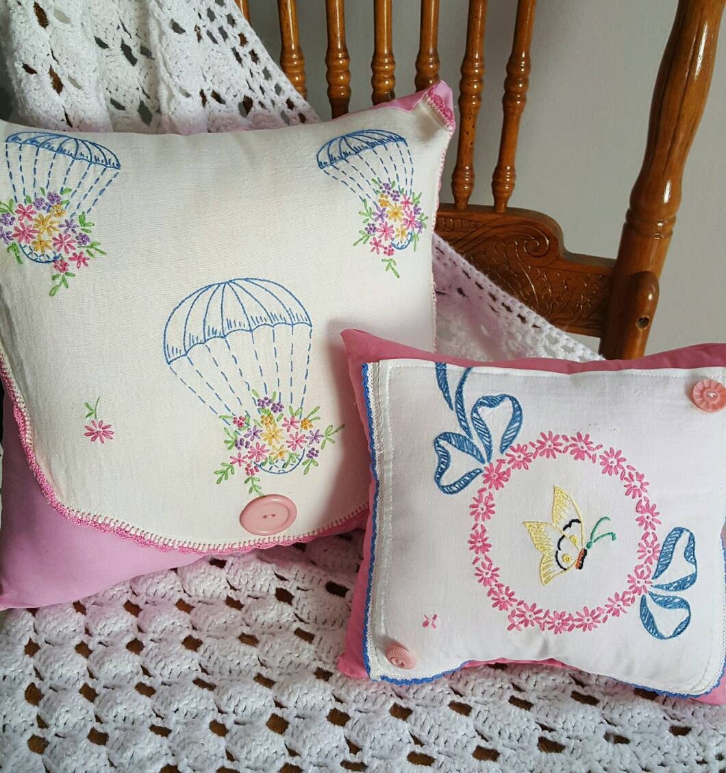 Embroidered Pillow Set Pink & Blue by CottageDesignsbyErin on Etsy