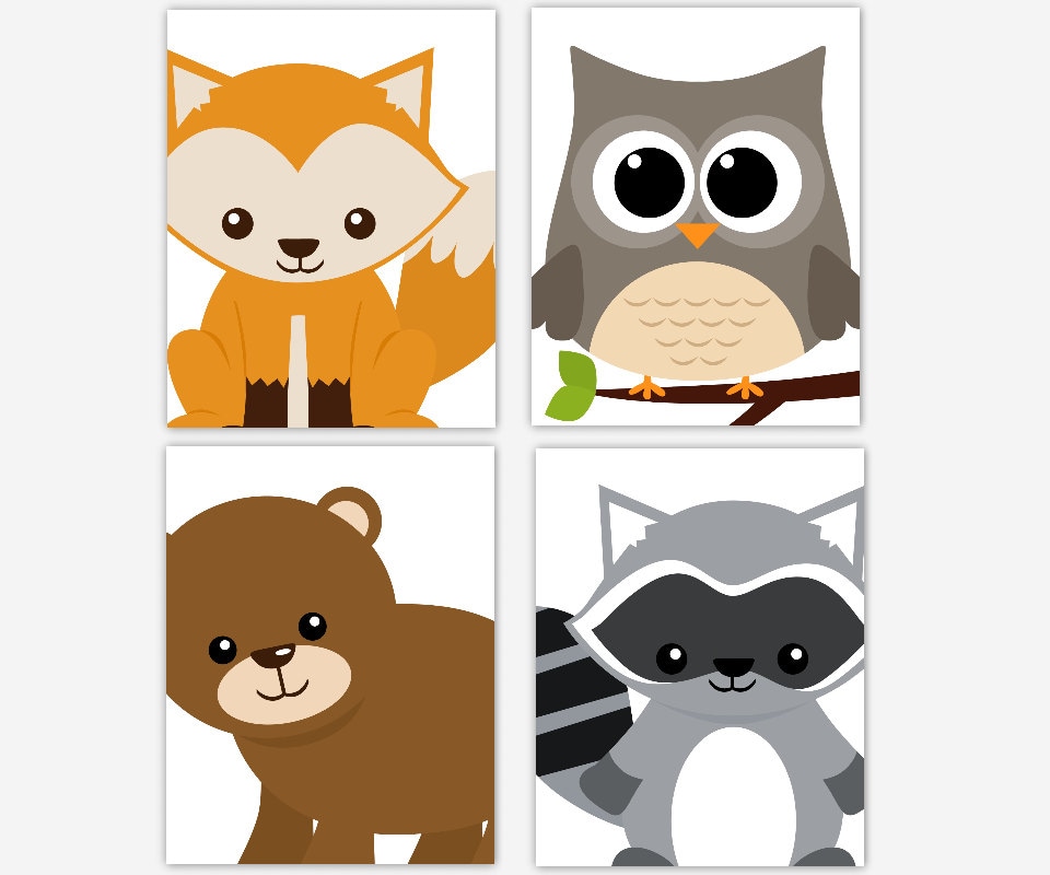 Woodland Nursery Art Fox Owl Bear Raccoon Forest Animal Decor