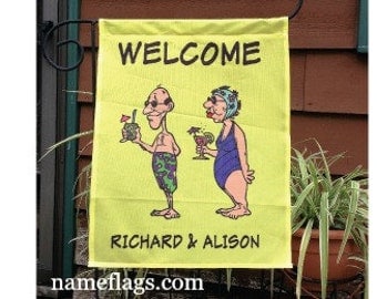 Personalized Swimsuit Couple Flag, Garden or House Flag, Swimsuit Couple Yellow Flag