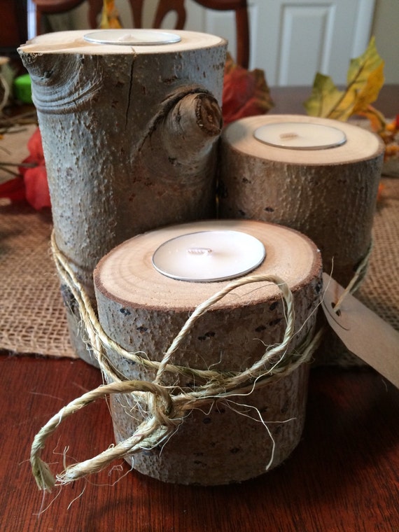 Set of 3 Rustic Aspen with Bark Candleholders!