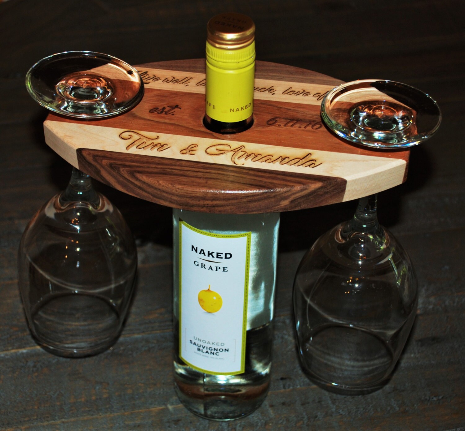 Wine Bottle tray & Wine glass holder holds two wine glasses