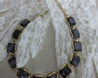 Coro Necklace, Black Themoset set in Silver Tone Metal, Signed Piece, 1950s, Pristine Condition, Great All Around Piece