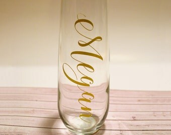 Personalized Vinyl Stemless Glass Champagne Flute / Bridal Party Gift / Champagne Flute / Custom Champagne Flute / Wedding Gift /