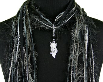 Owl Scarf Accessory, Black Silver, Owl Jewelry, Black Scarf, Fringe Accessory Scarf, Womens Gift Scarf, More Color Choices Available