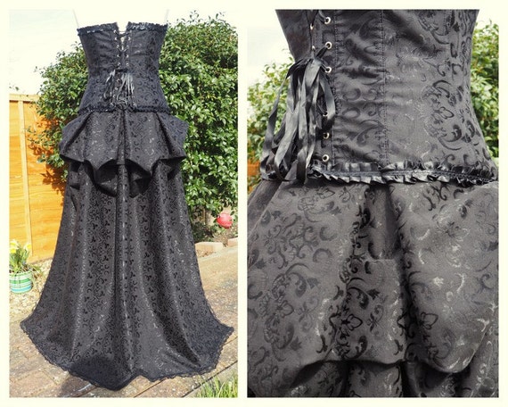 Damask Black Corset & Overskirt Victorian Steampunk Gothic Lolita Burlesque Lace dress outfit brocade size US 12 14 / UK 14 16 by handmadebyreplay steampunk buy now online