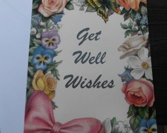 Vintage greeting card/vintage get well card/get well soon/get well wishes/feminine/flowers/get well