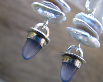 Periwinkle Blue Chalcedony and Keshi Pearl Earrings in Sterling Silver