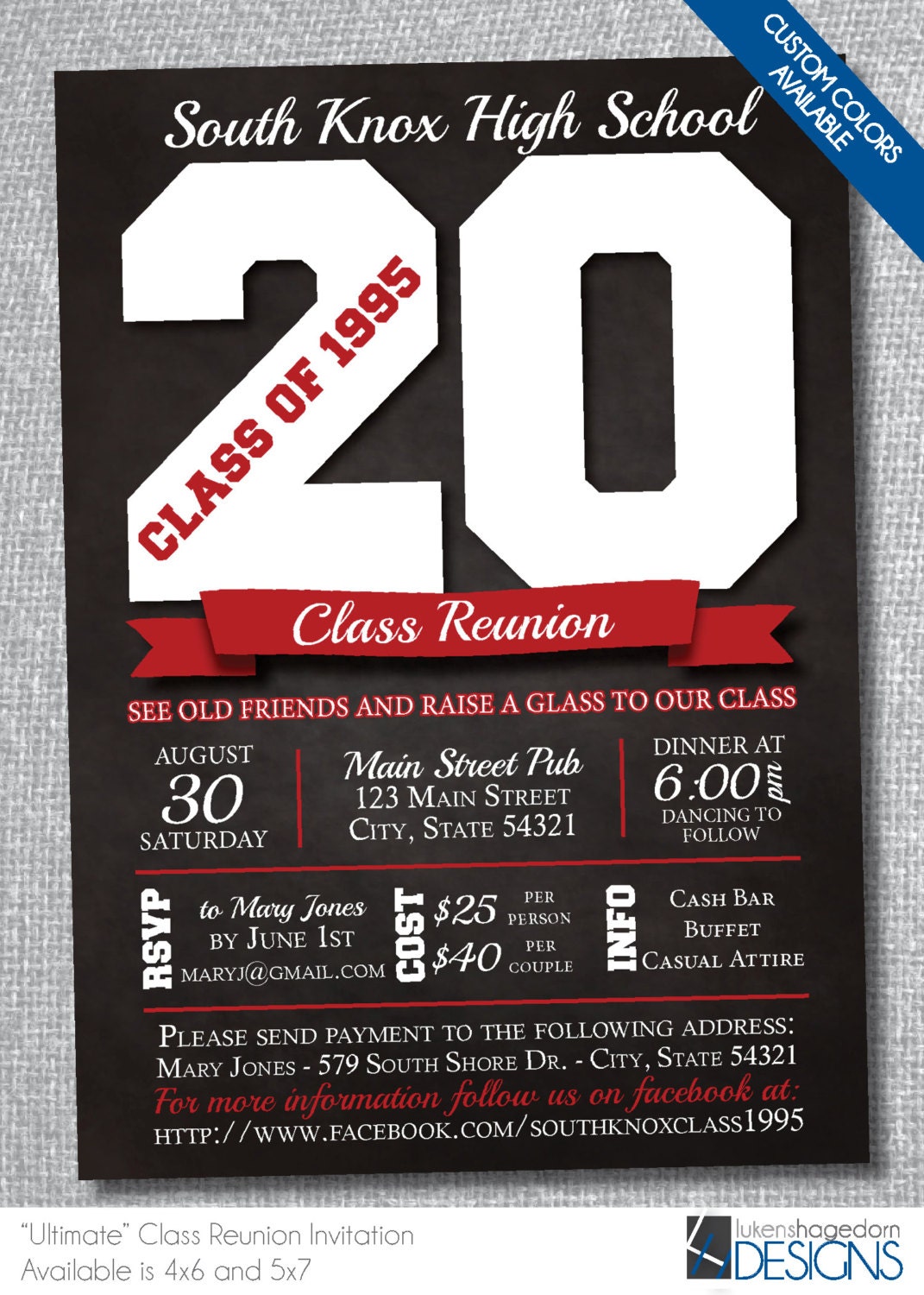 Class Reunion Invitation Custom School Colors Digital File