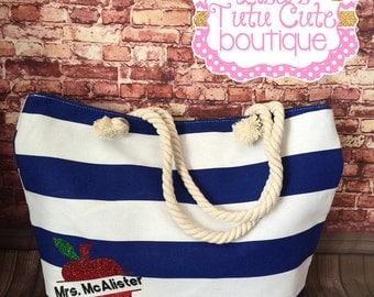 Personalized tote. Teachers tote. Teacher appreciation. Teacher bag. Teacher gift. Nautical tote. Personalized teacher gift. School bag.