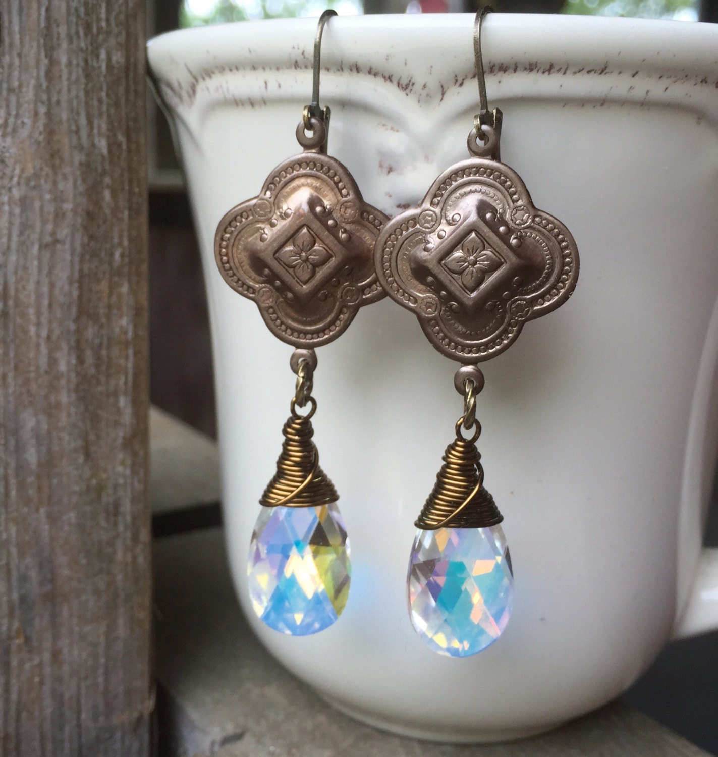 Decorative Brass Dangle Earrings With Wire Wrapped Aurora